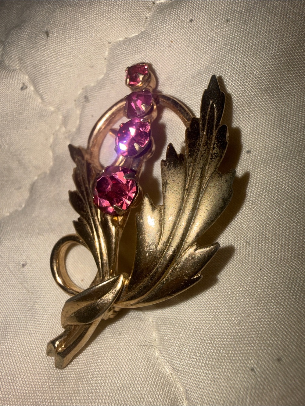 Gold Leaf Brooch with Pink Crystal Accents by
